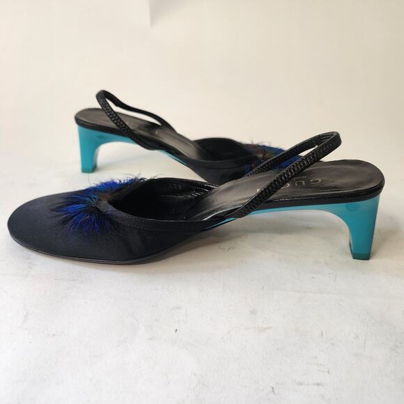 Gucci Vintage 1999 Tom Ford Black Satin Blue Feather Heels 7B - Picture 6 of 10